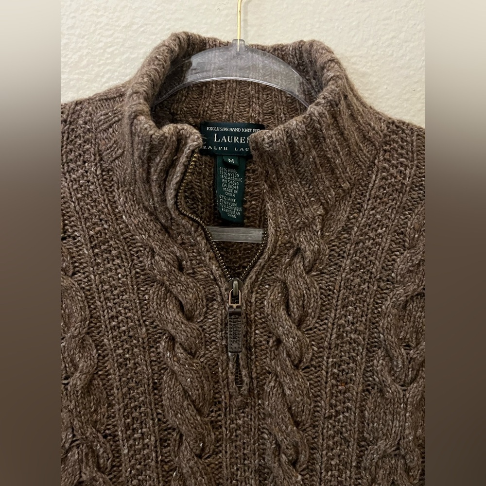 Lauren Ralph Lauren Hand Knit Brown Cable Knit 1/4 zip Sweater size Medium - Picture 2 of 13